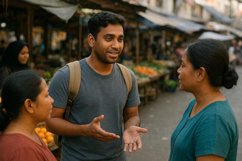 Traveler conversing with locals in a foreign country market