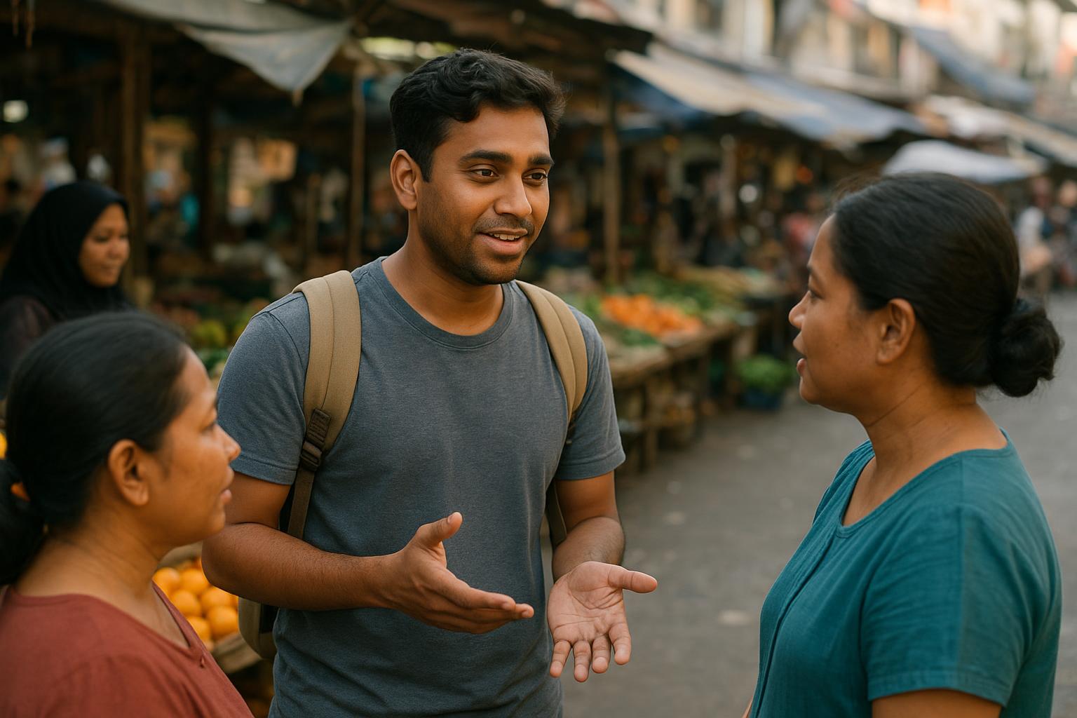 Traveler conversing with locals in a foreign country market