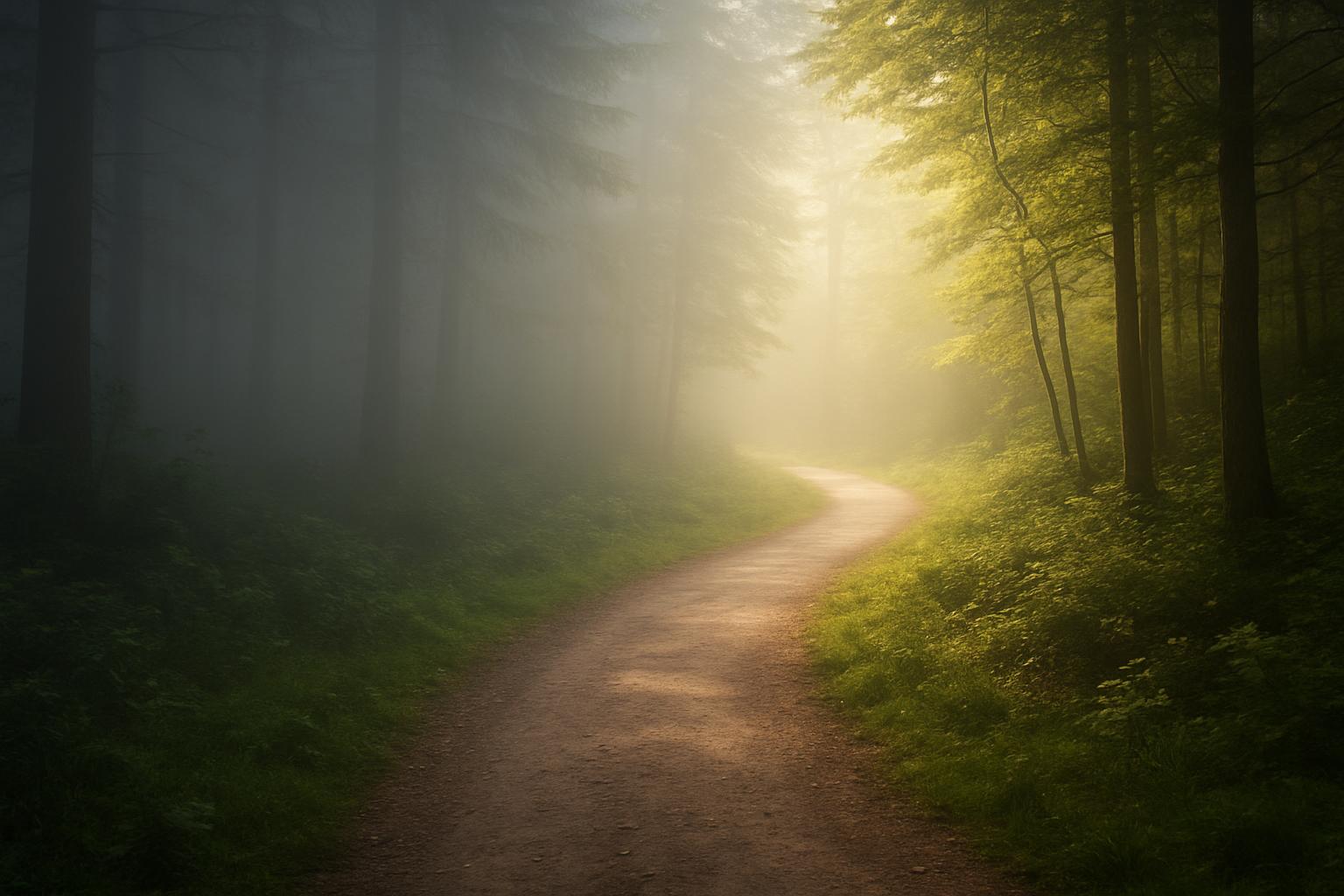 Forest trail emerging from dense fog into clear sunlight, symbolizing language becoming understandable
