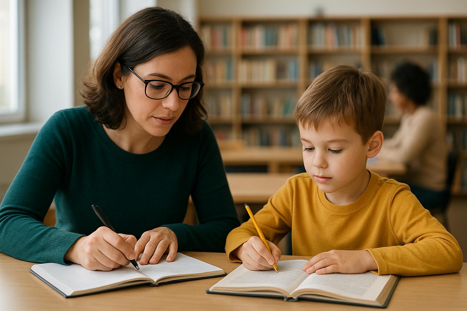 Adult learner studying alongside a child, illustrating different approaches to language learning