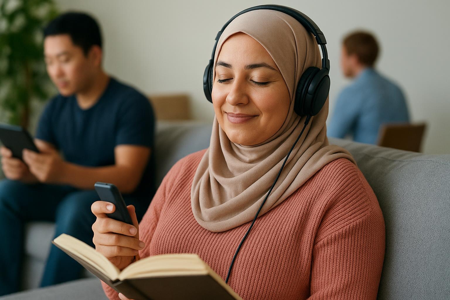 Person comfortably enjoying understandable language content through audio and storytelling