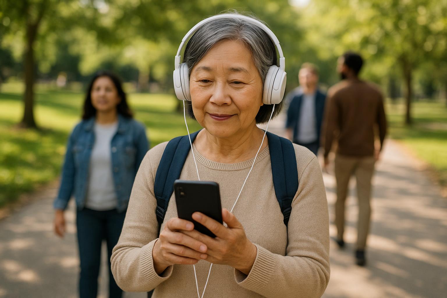 Adult learner listening to a language podcast during a daily walk outdoors