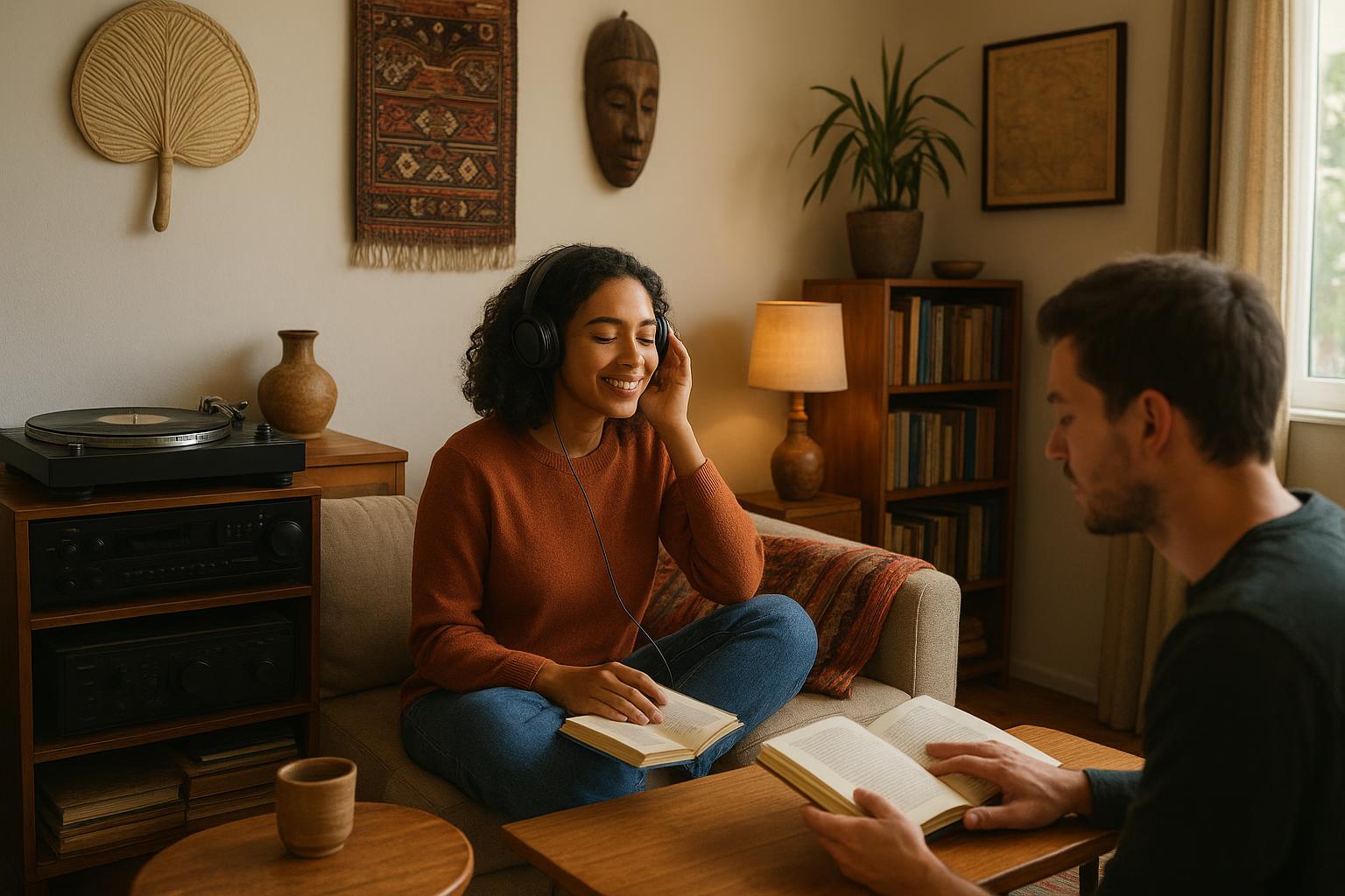 Cozy home environment filled with cultural objects, music, and audio equipment