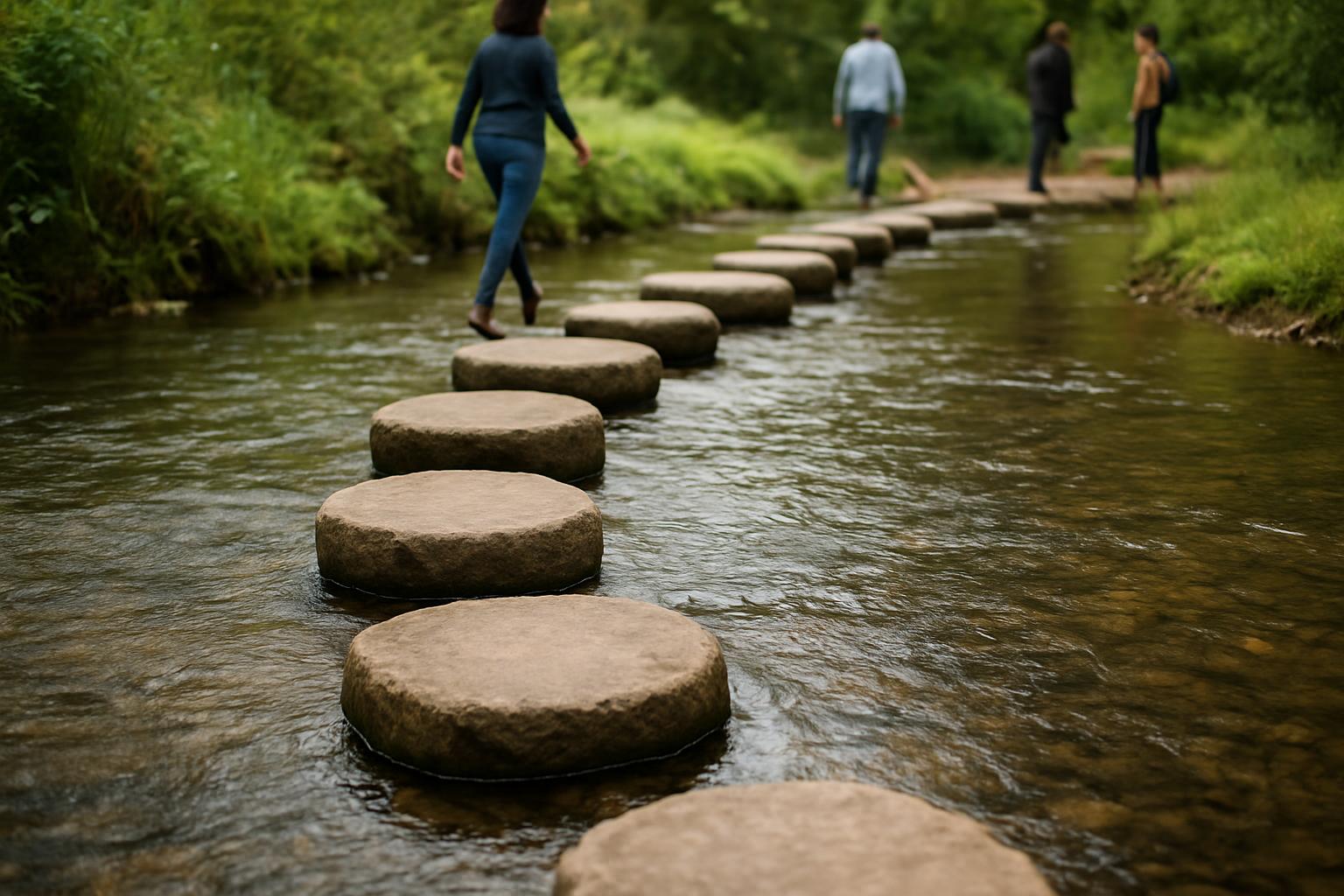Stepping stones crossing a stream with each stone slightly farther apart, symbolizing understandable progress