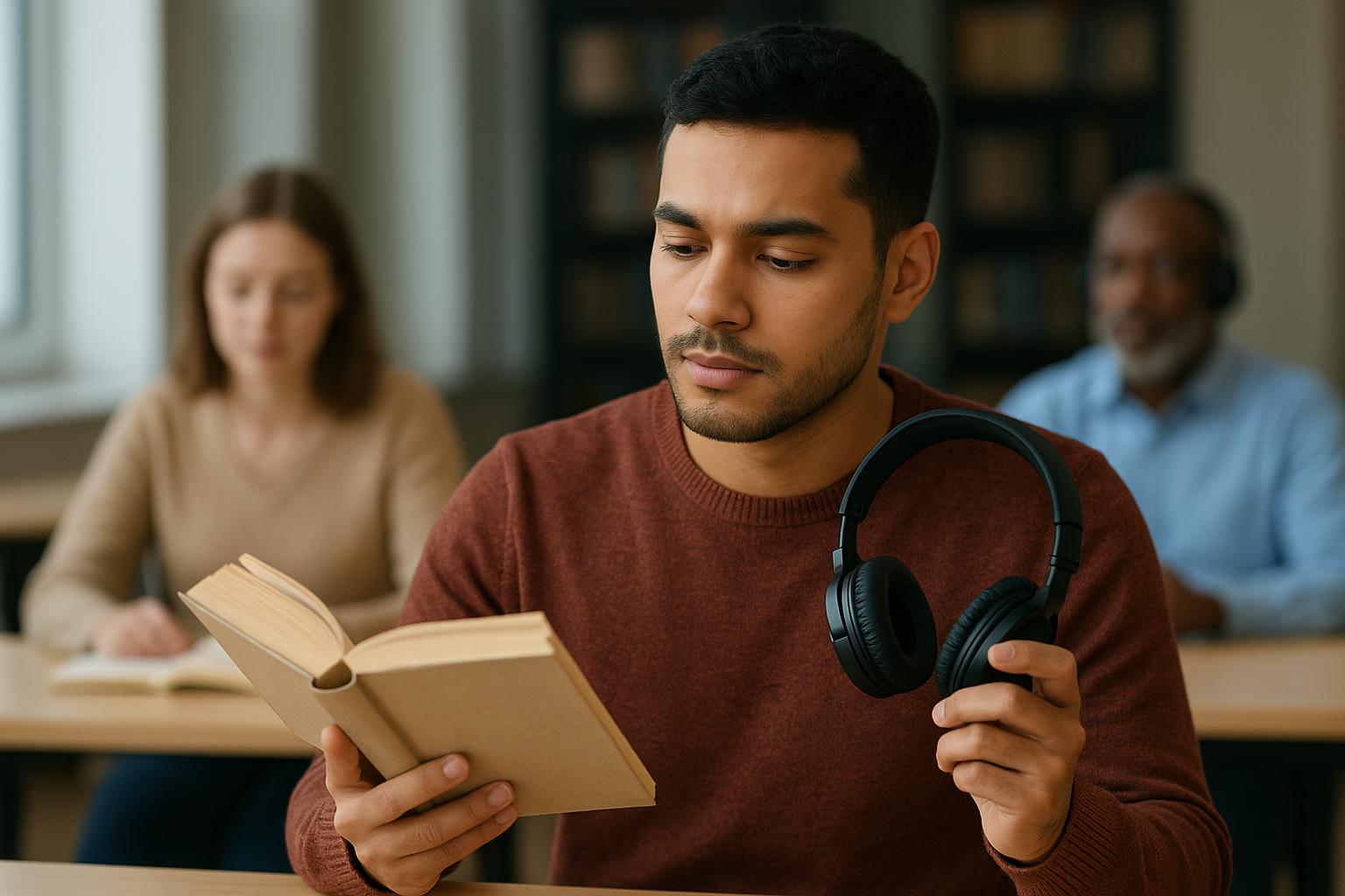 Person choosing between reading and listening as language-learning activities