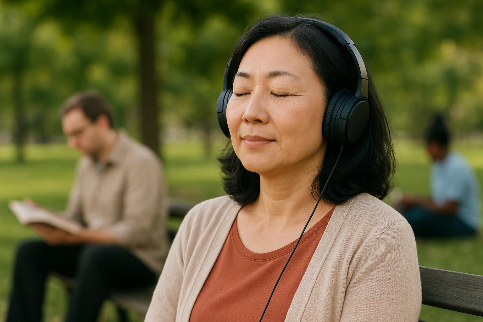 Person absorbed in engaging audio content while relaxing outdoors