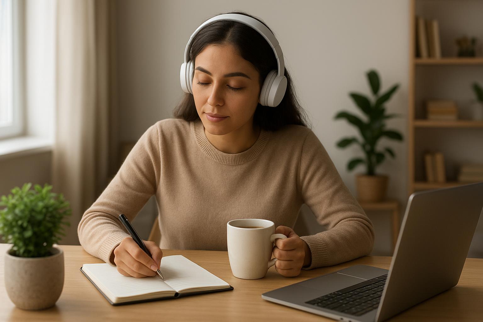 Morning routine with headphones, coffee, and a peaceful workspace