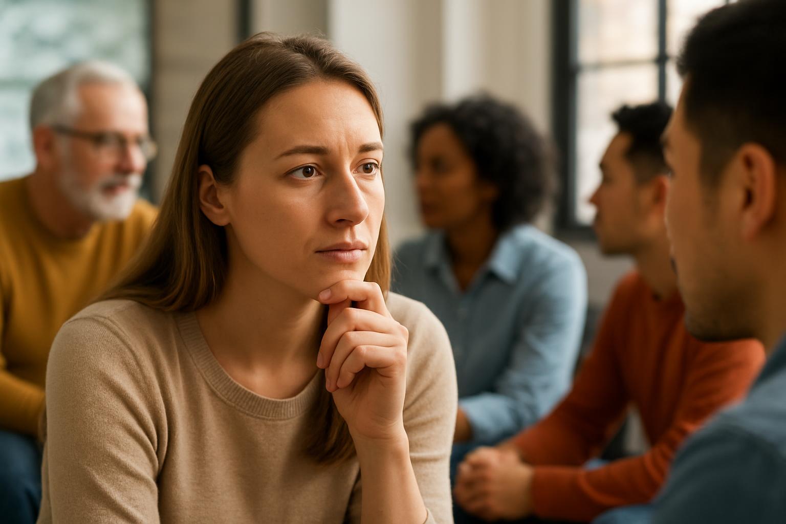 Person listening thoughtfully before joining a conversation