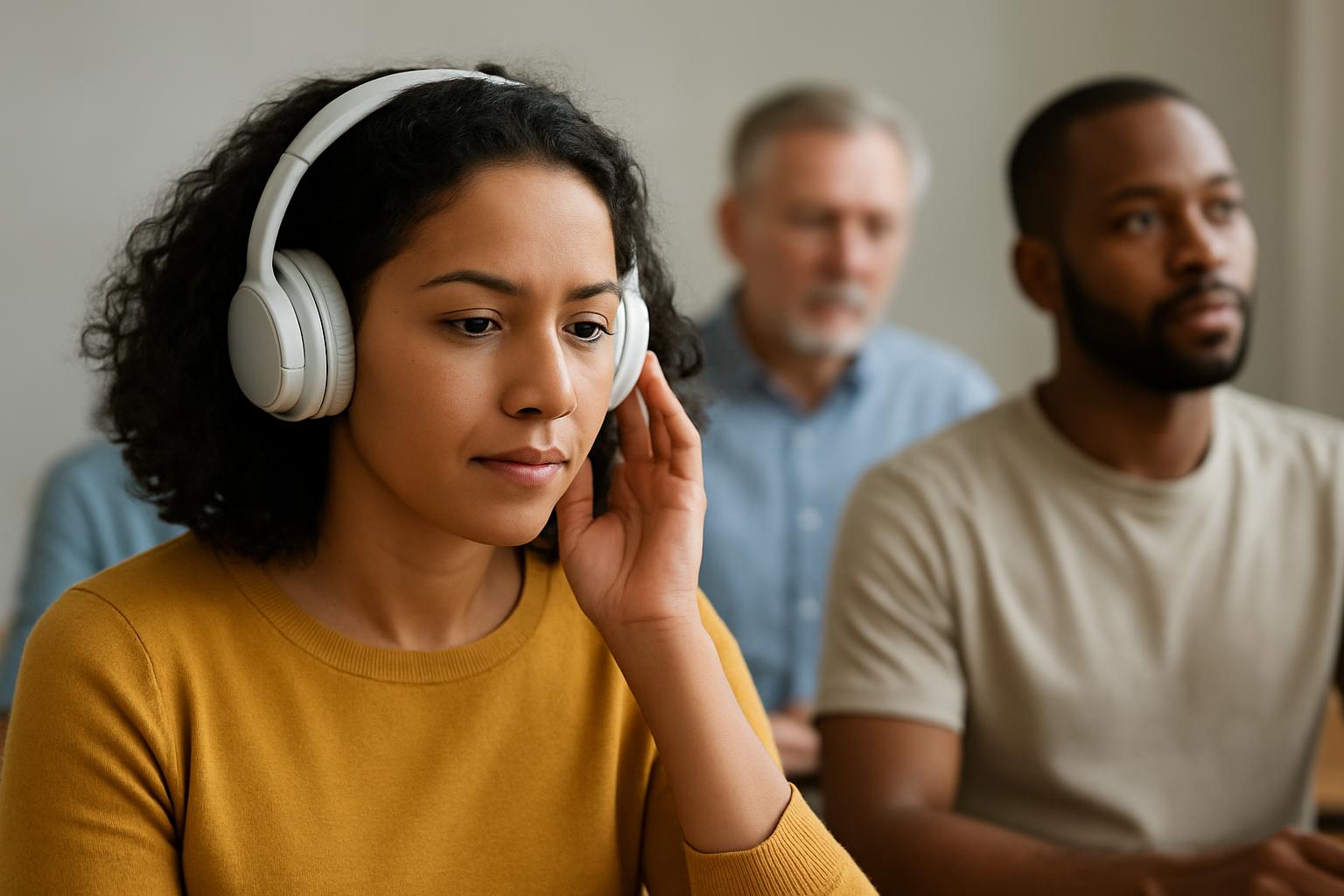 Person listening attentively to language audio while understanding the content