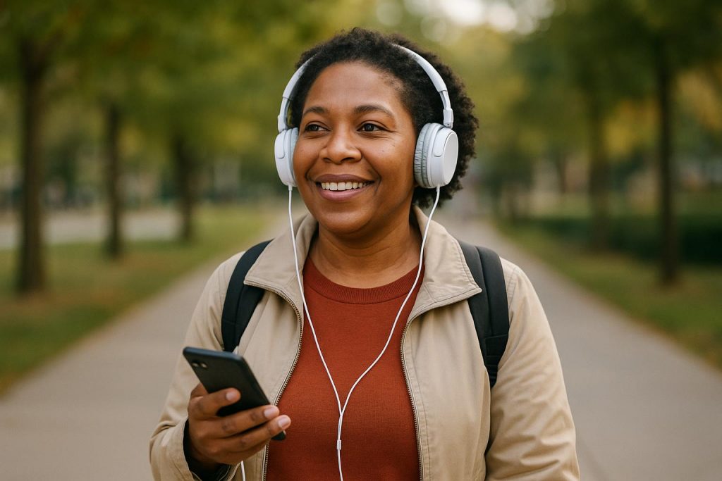 Adult learner listening to a language podcast during a daily walk