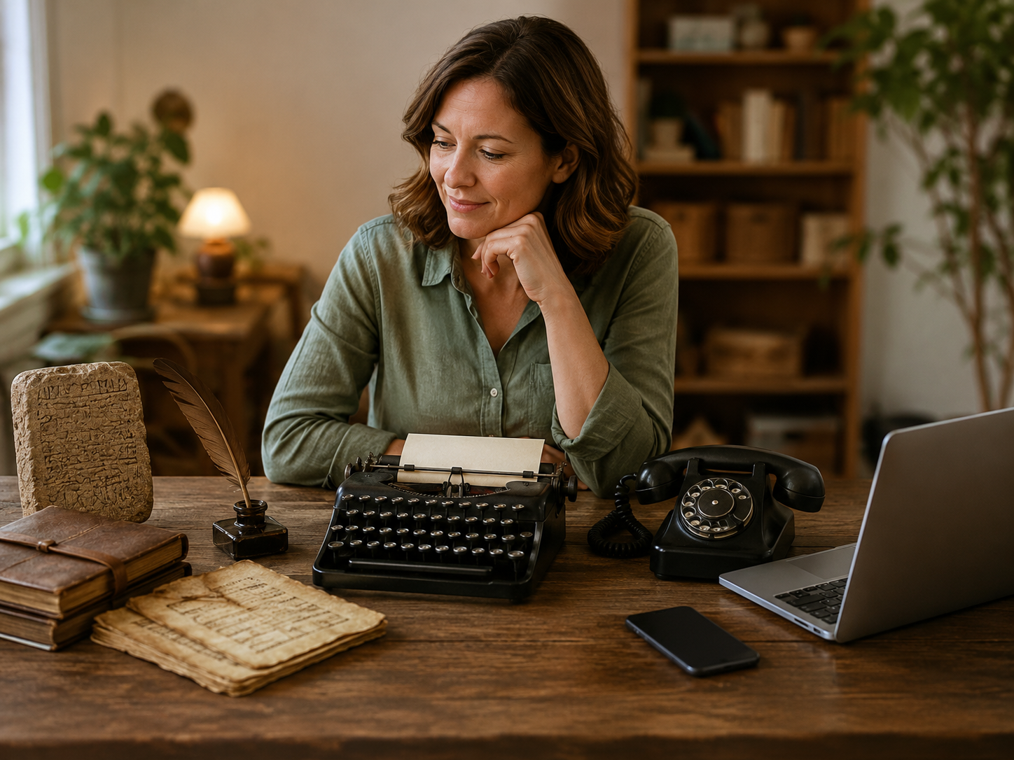 Woman looking at ancient language family tree showing how languages evolve over time