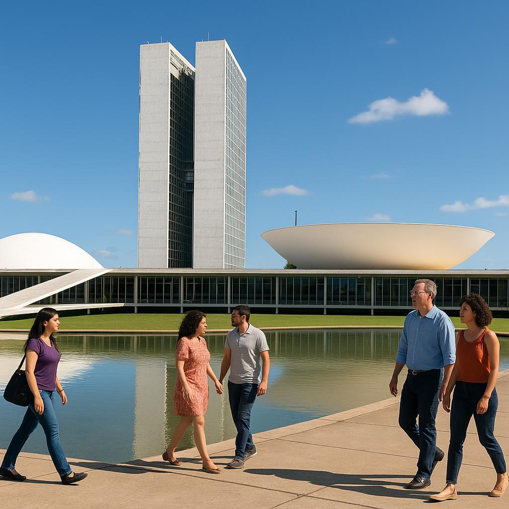 Modernist government buildings in Brasília under a bright blue sky