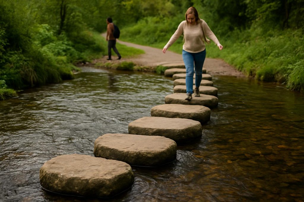 Stepping stones crossing a stream, symbolizing steady progress through daily language practice