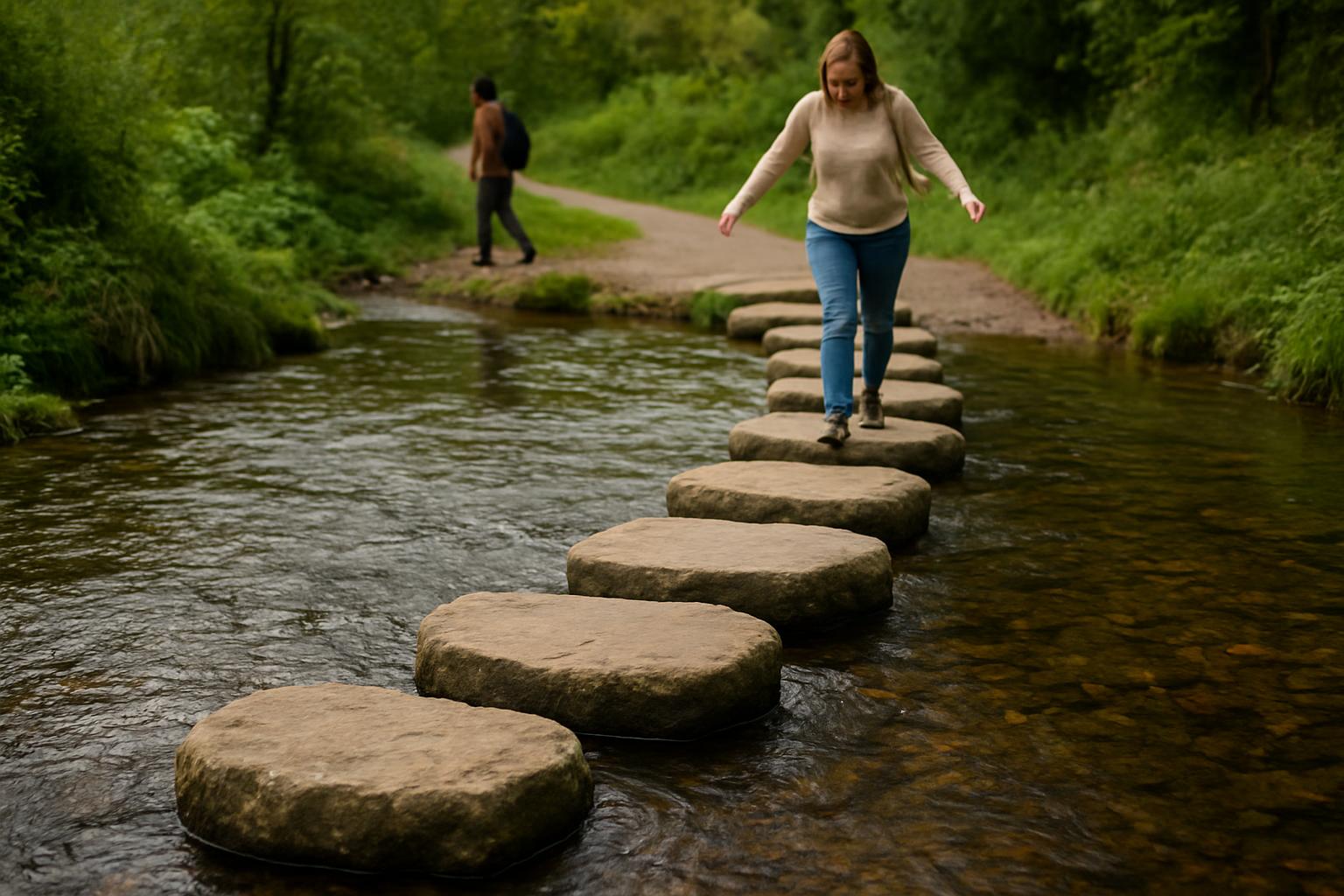 Stepping stones crossing a stream, symbolizing steady progress through daily language practice