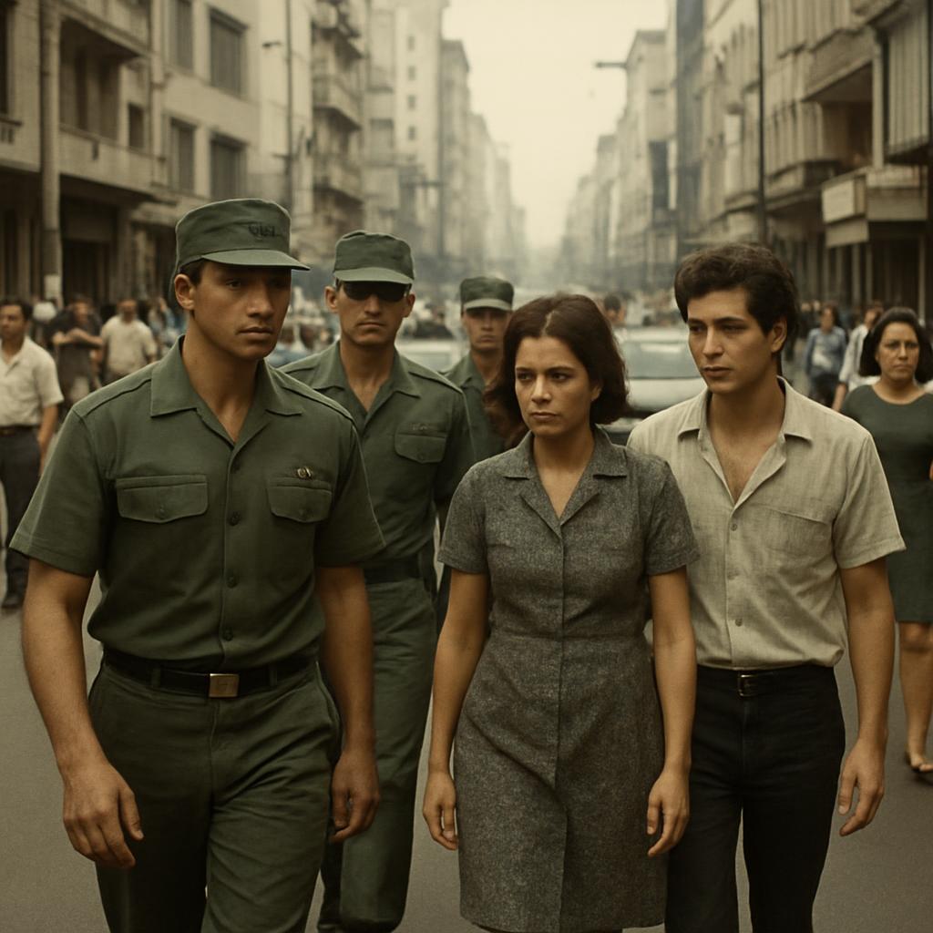 Military presence on a Brazilian city street during the dictatorship era