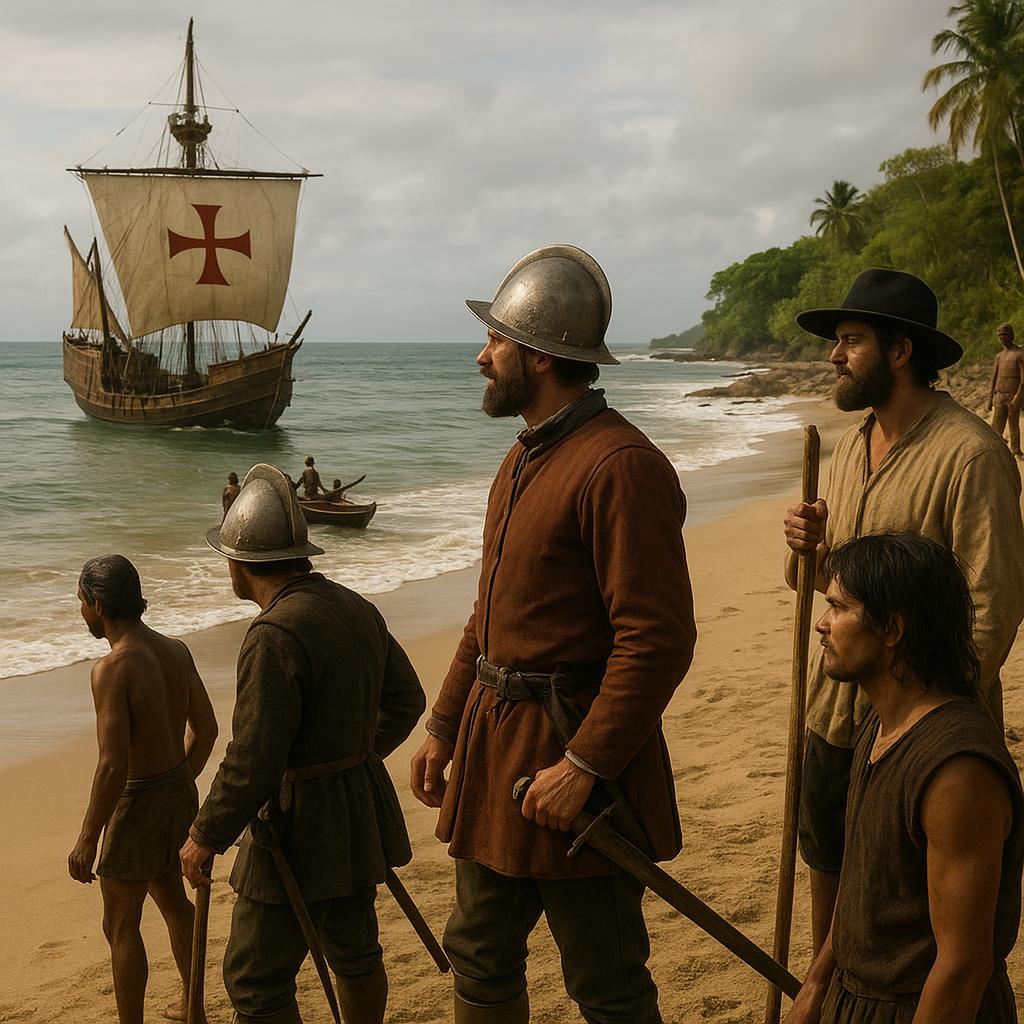 Portuguese explorers arriving on the Brazilian coast and encountering the new land