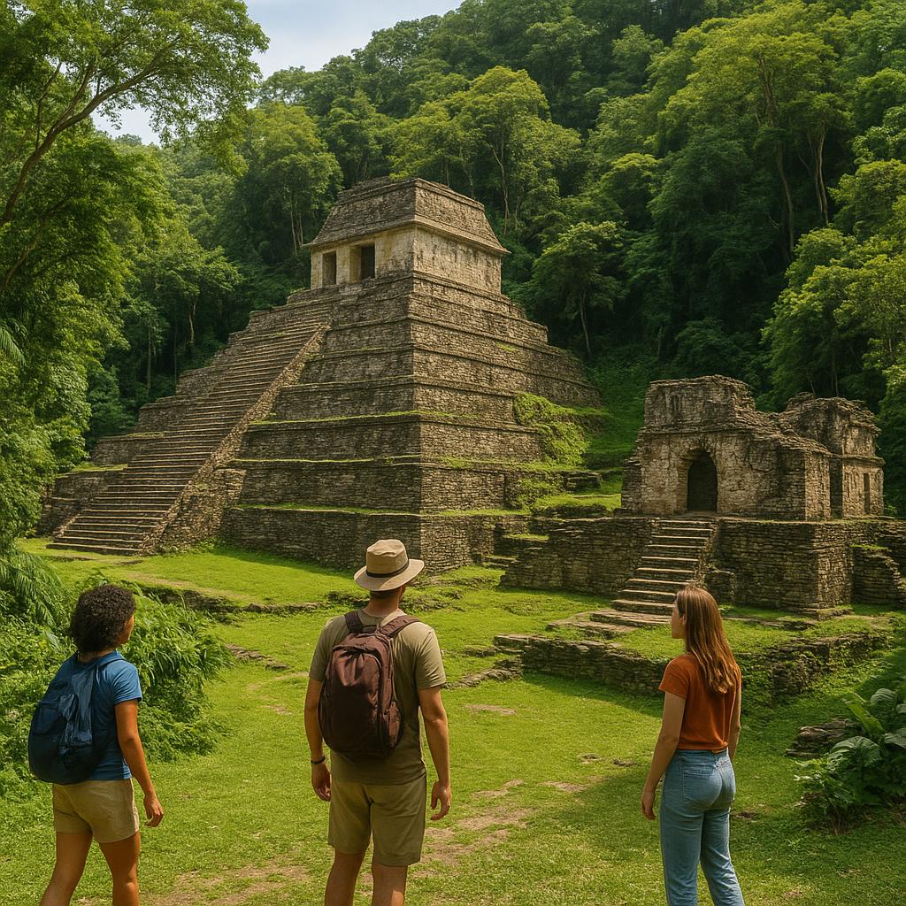 Ancient Mayan ruins surrounded by tropical forest