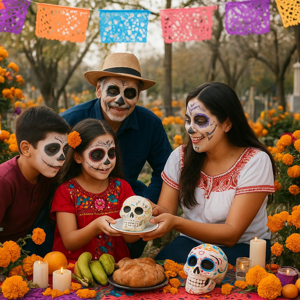 Colorful Día de Muertos celebration with altars, flowers, and family traditions