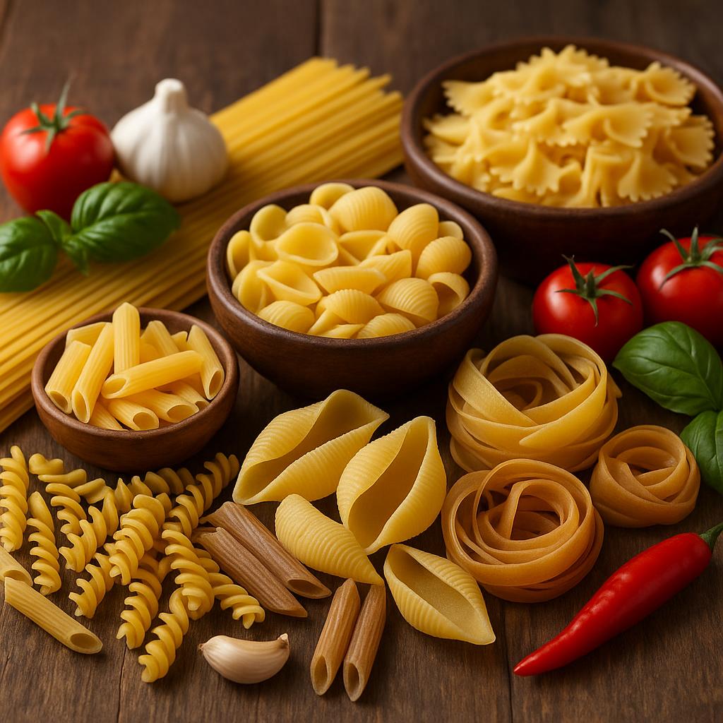 Assortment of Italian pasta shapes with fresh ingredients