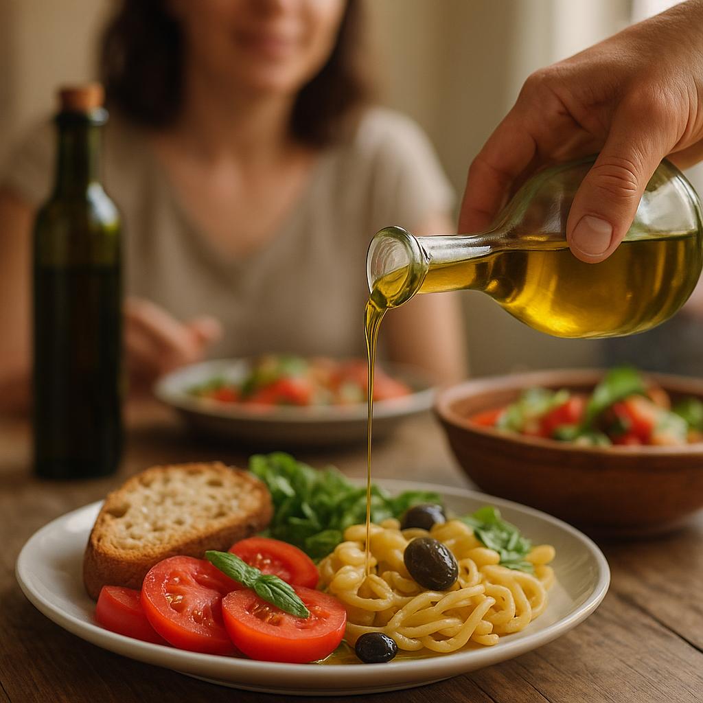 Olive oil being poured over a Mediterranean meal