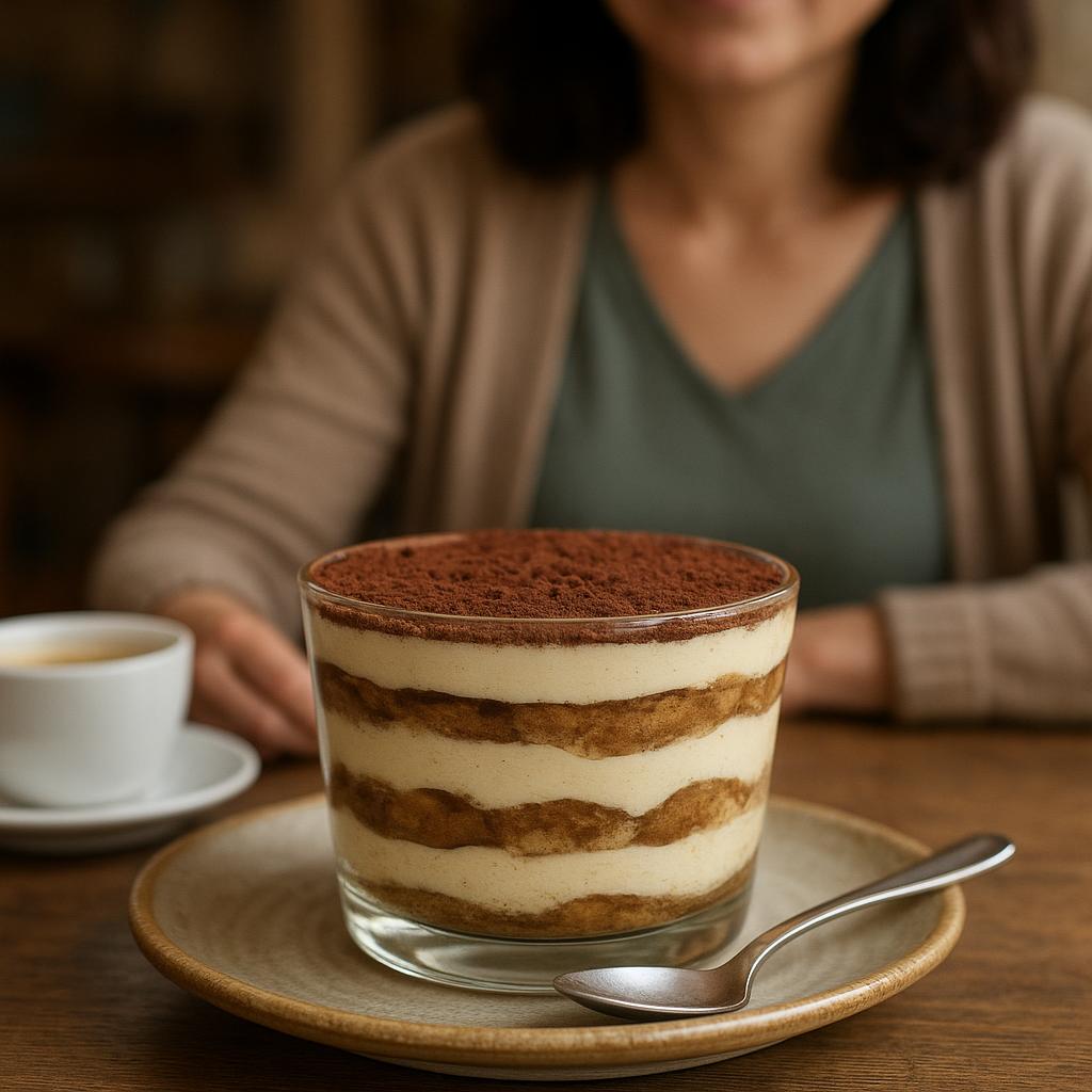 Traditional tiramisu served in a glass dish