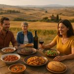 Golden Tuscan countryside with a table of local dishes
