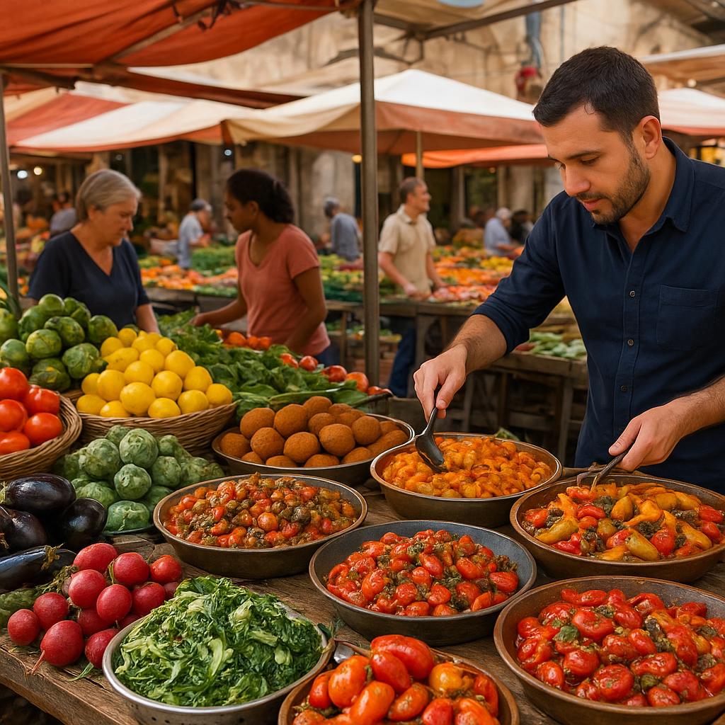Colorful Sicilian foods displayed at an outdoor market