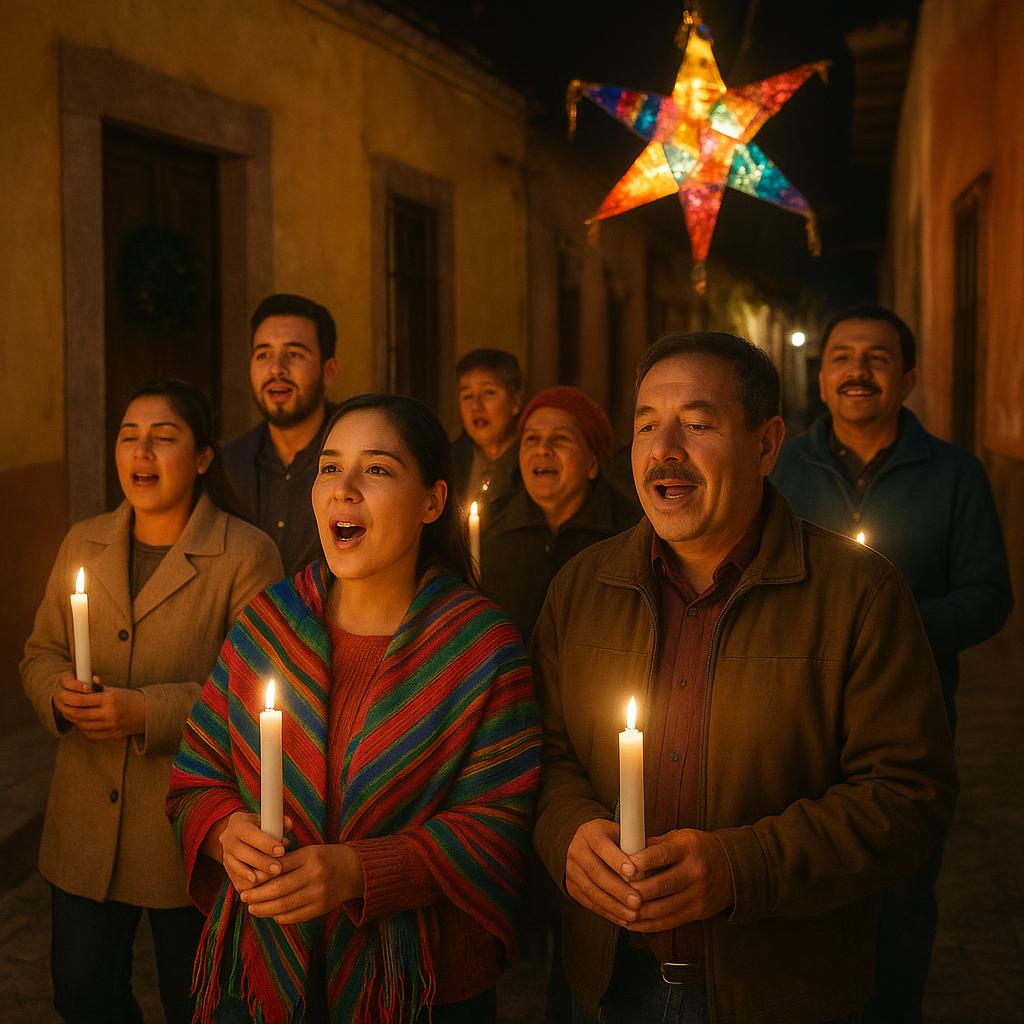 Traditional Mexican posada with neighbors carrying candles and singing