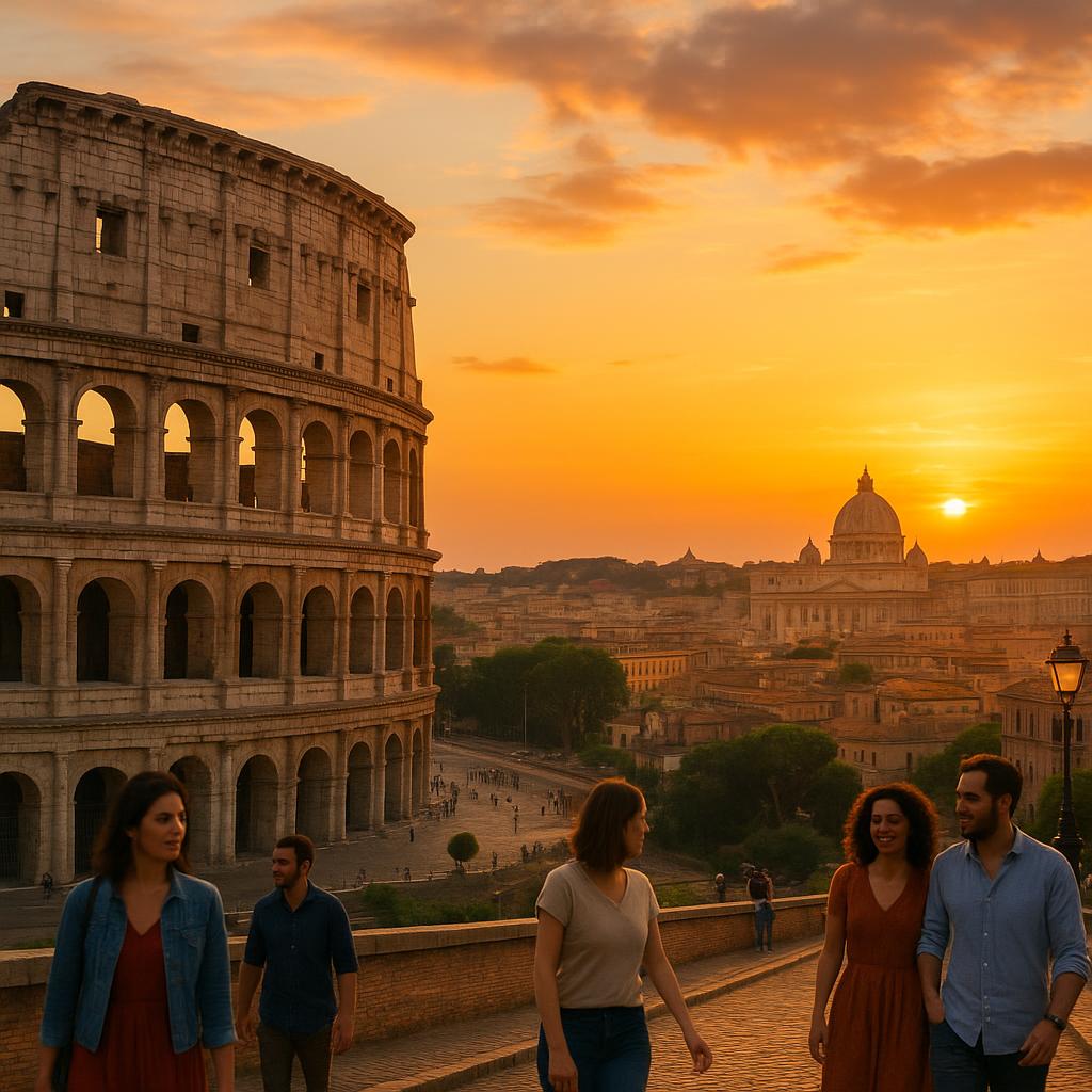 Colosseum and Rome skyline at sunset