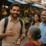 Traveler conversing with locals in a foreign country market