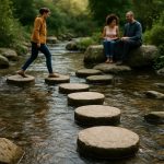 Stepping stones crossing a stream, symbolizing steady progress through daily language practice