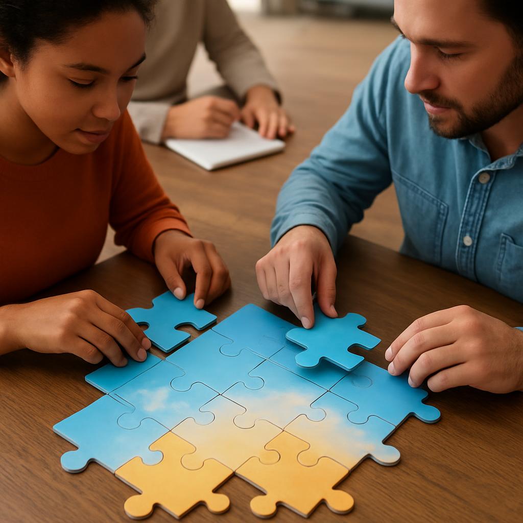 Puzzle pieces gradually fitting together to form a complete picture