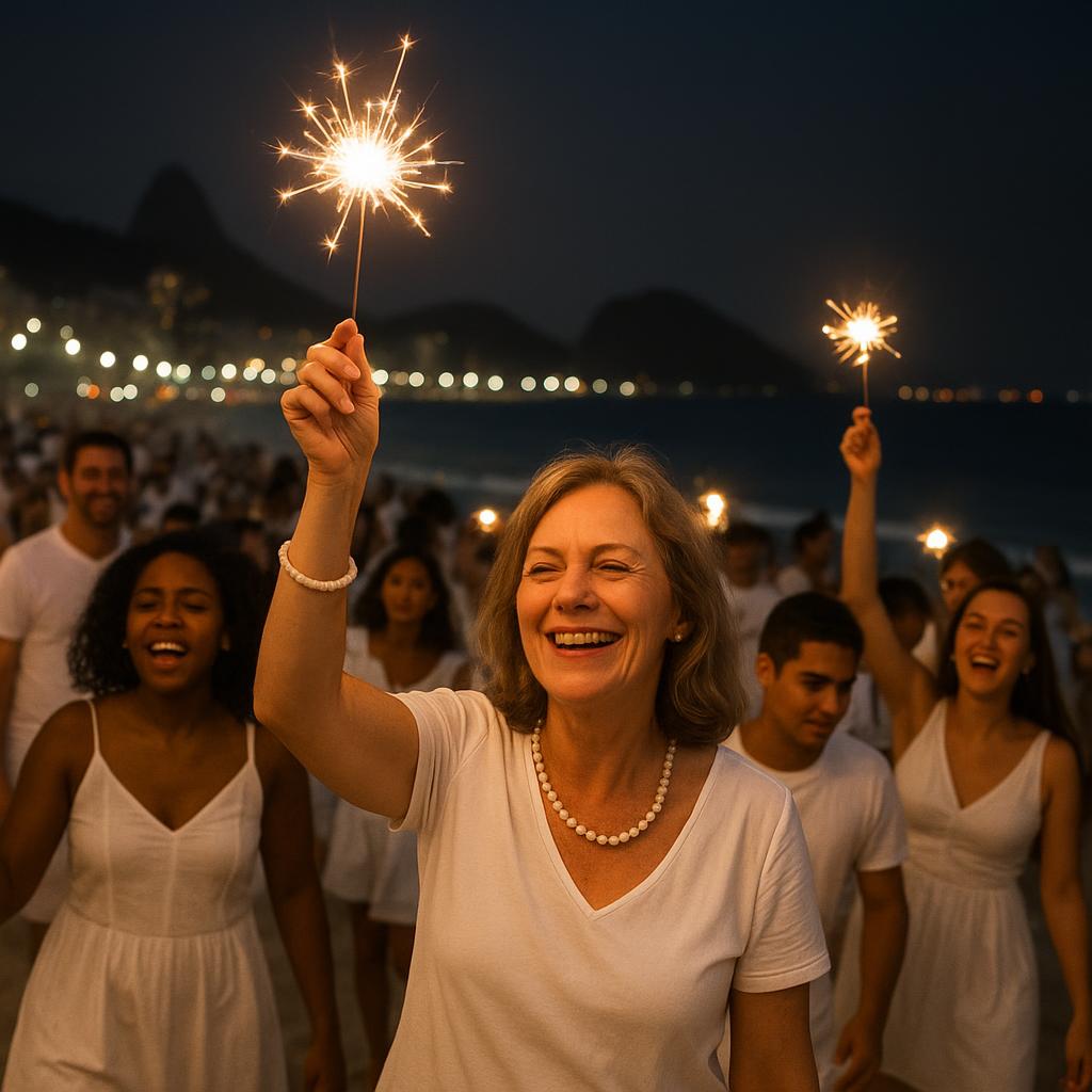 People dressed in white celebrating New Year's Eve on a Brazilian beach at midnight