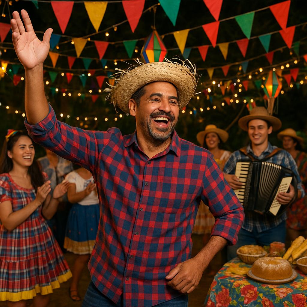 Colorful Festa Junina celebration with traditional decorations, music, and dancing