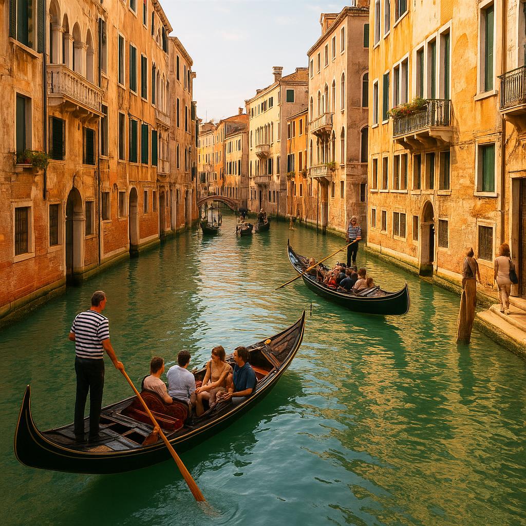 Gondolas traveling along a Venetian canal
