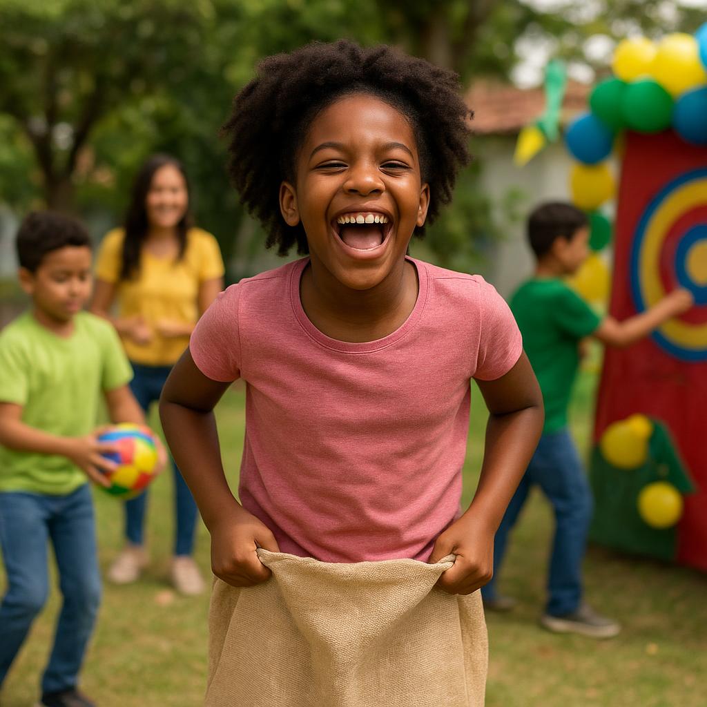 Children enjoying games and activities during Brazil's Children's Day celebration
