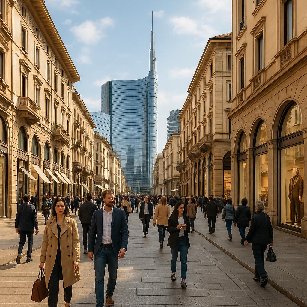 Modern Milan skyline and elegant shopping district