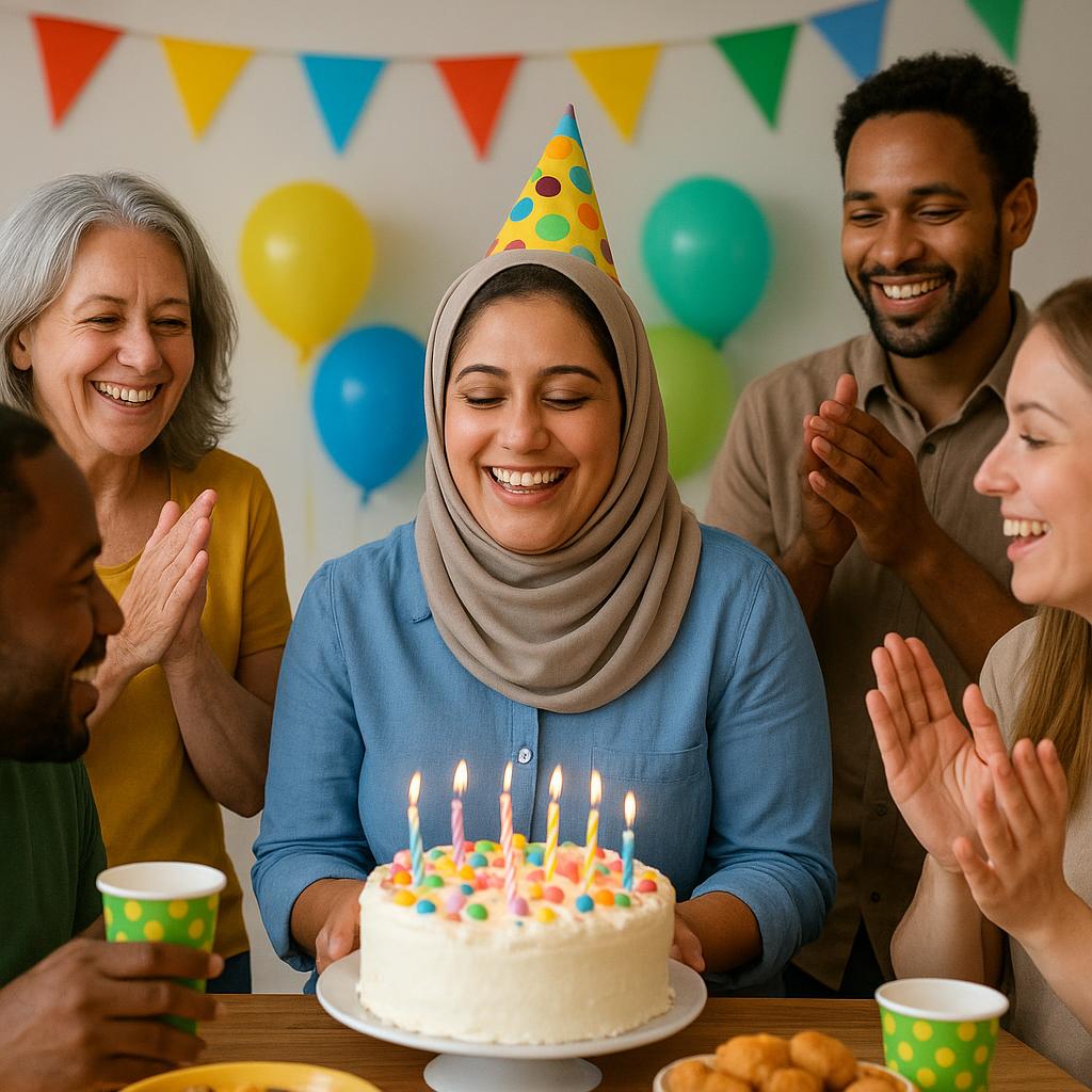 Family and friends celebrating a Brazilian birthday party with cake and decorations