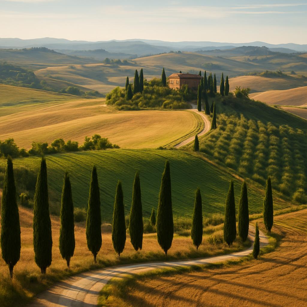 Rolling Tuscan hills lined with cypress trees