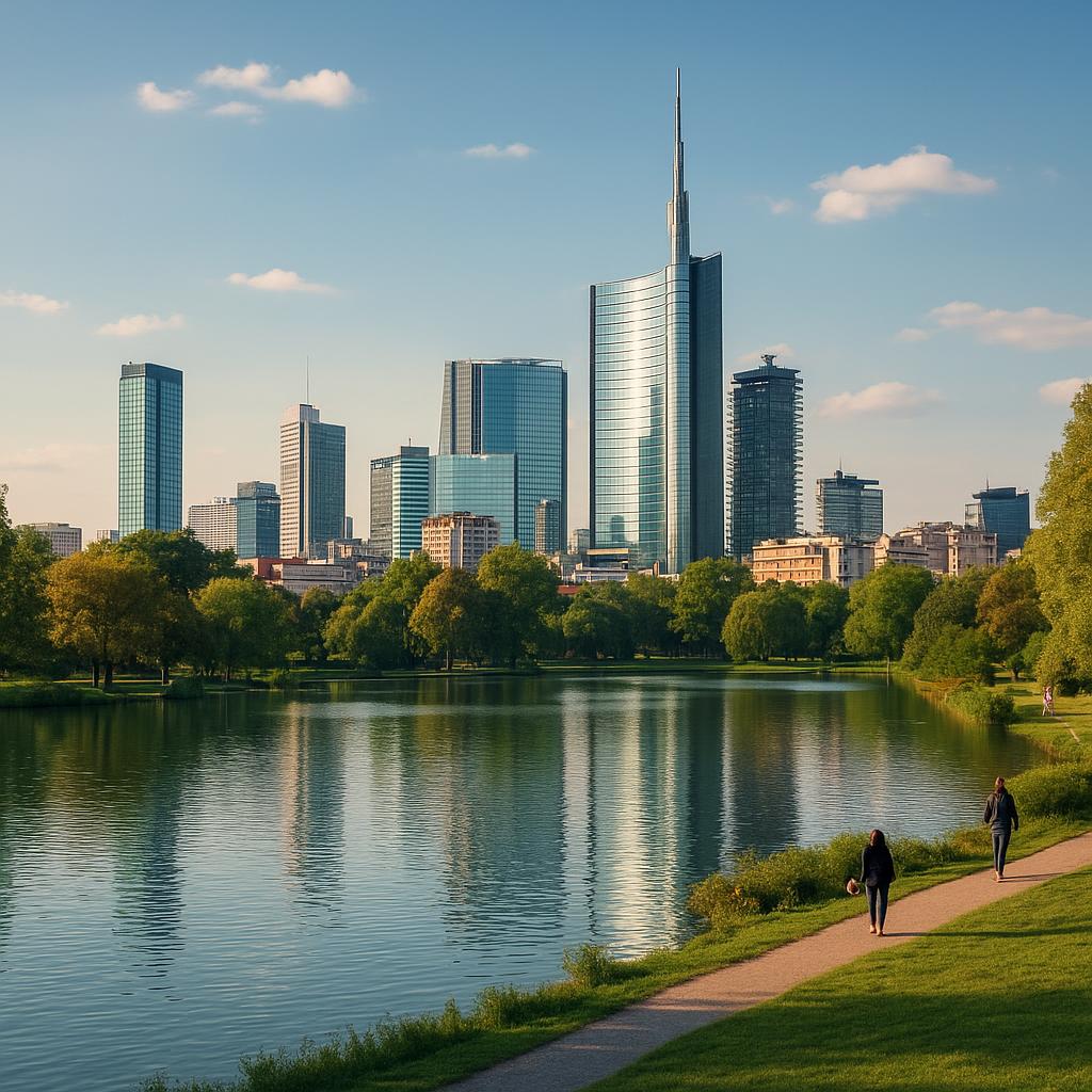 Modern cityscape and lakes in Lombardy