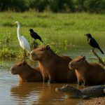 Wildlife in the Pantanal including capybaras, birds, and caimans