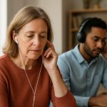 One person multitasking with earbuds while another listens with focused attention