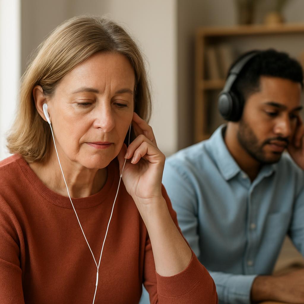 One person multitasking with earbuds while another listens with focused attention
