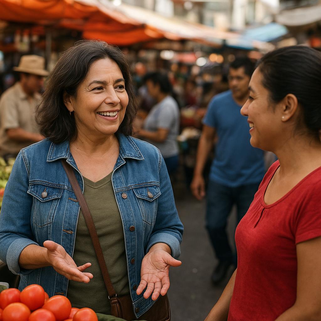 Traveler confidently interacting with locals in a vibrant market