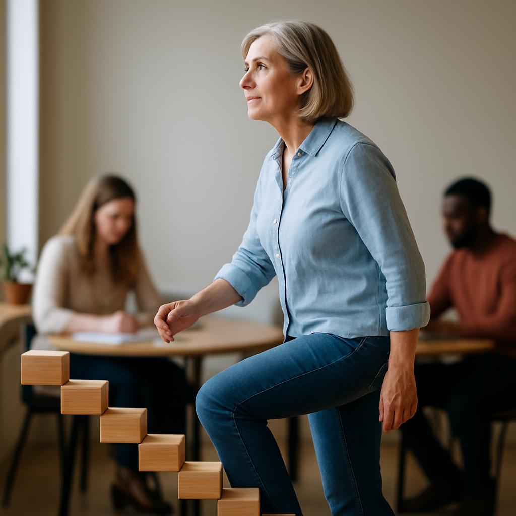 Language learner steadily climbing a staircase built from small daily habits