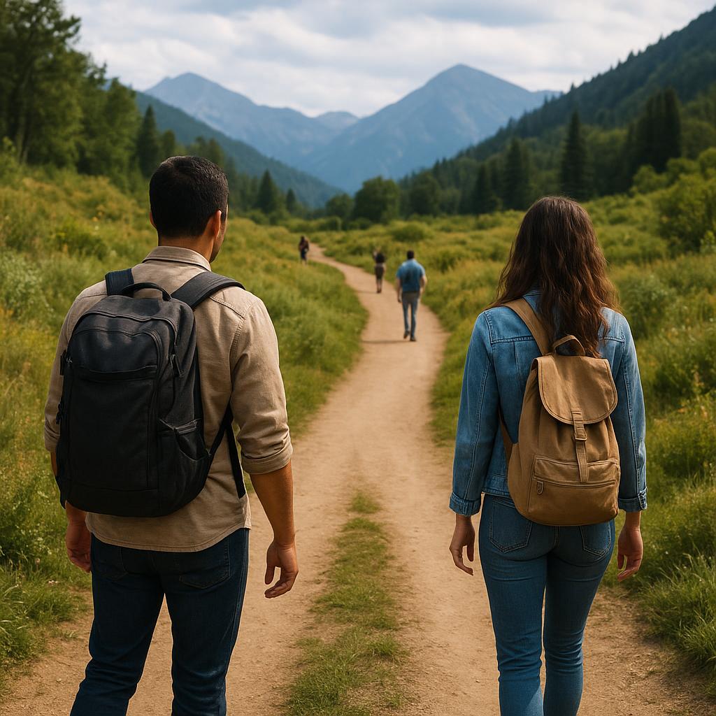 Two travelers taking different routes toward the same destination