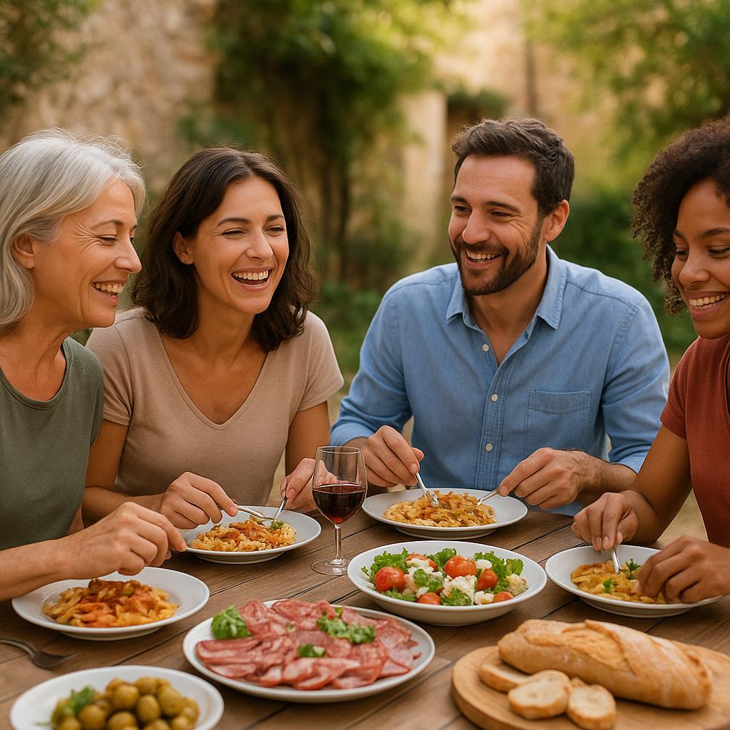 People enjoying a relaxed meal outdoors