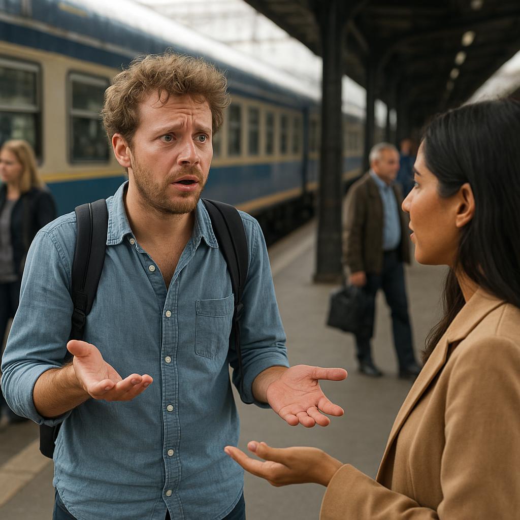 Conversation between two people at a train station