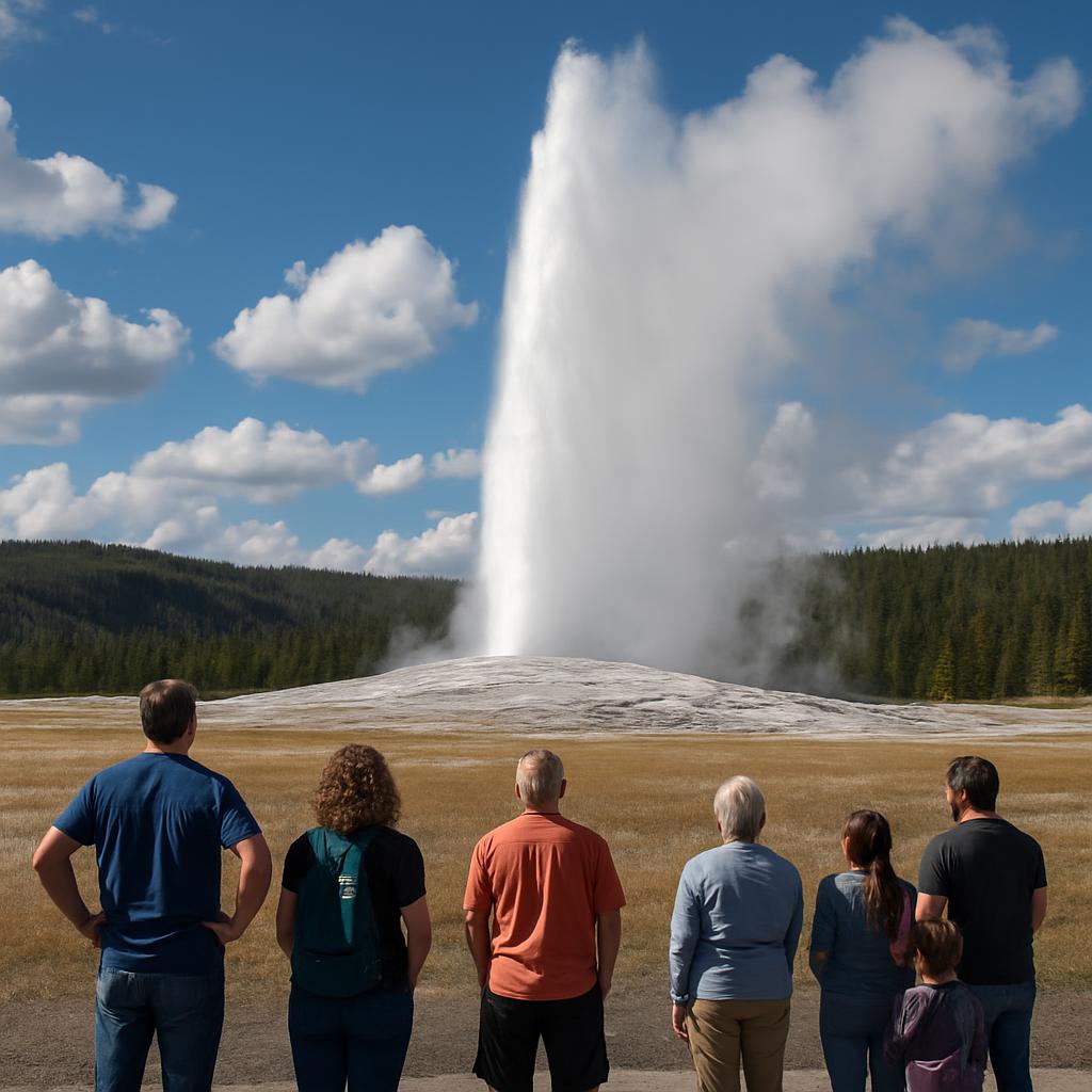 Old Faithful geyser erupting in Yellowstone