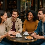 Friends chatting naturally in a French café